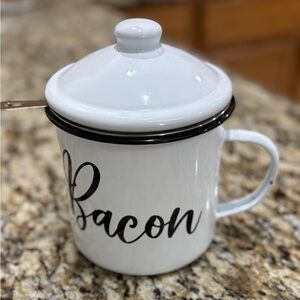 White Enamel Bacon grease container and strainer